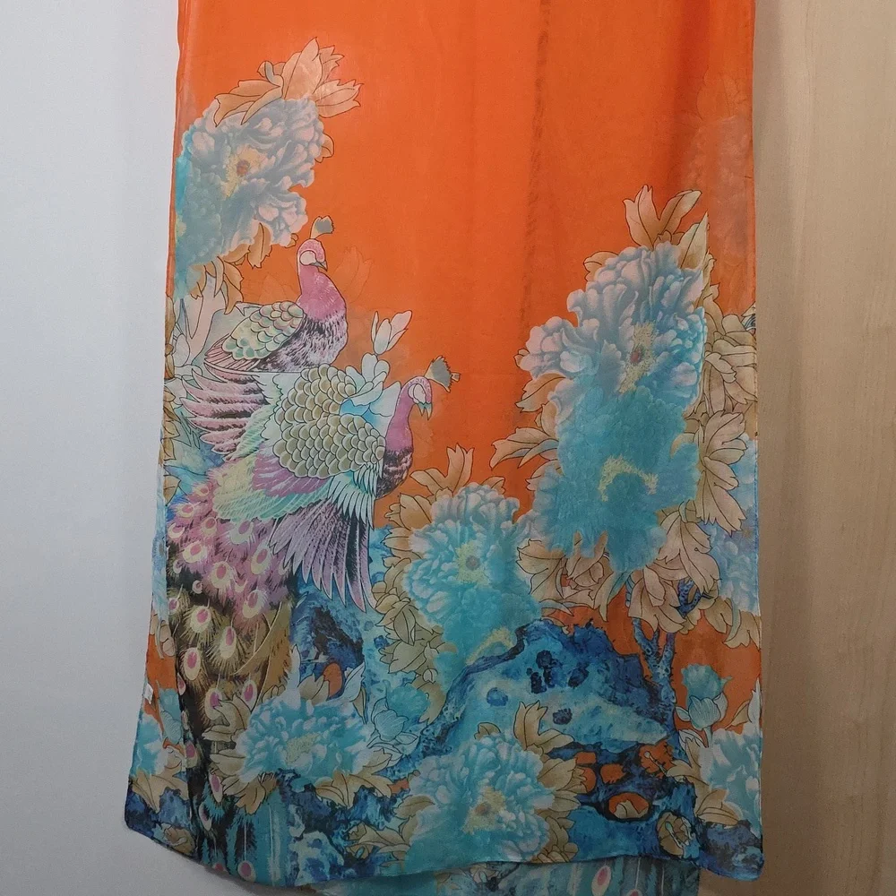 Orange and Blue Floral Scarf, Vibrant, Sheer, 20